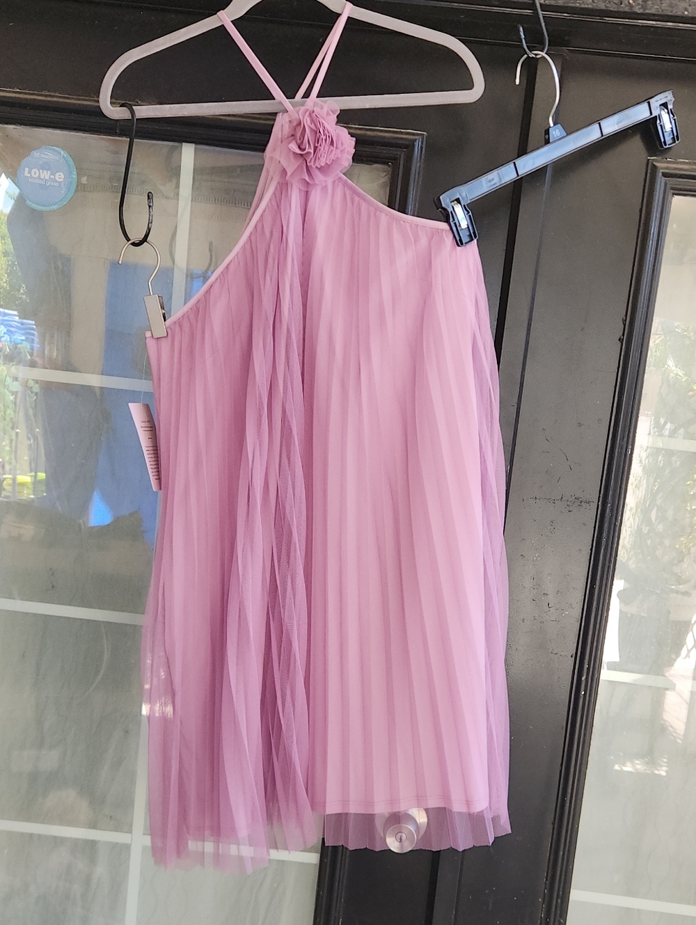 Pleated Halter Mini Dress with Floral Neck Accent - Lavender - Picture 8 of 9